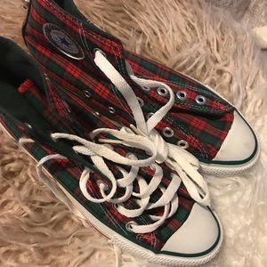 Converse Plaid High Top Sneakers in Red and Green